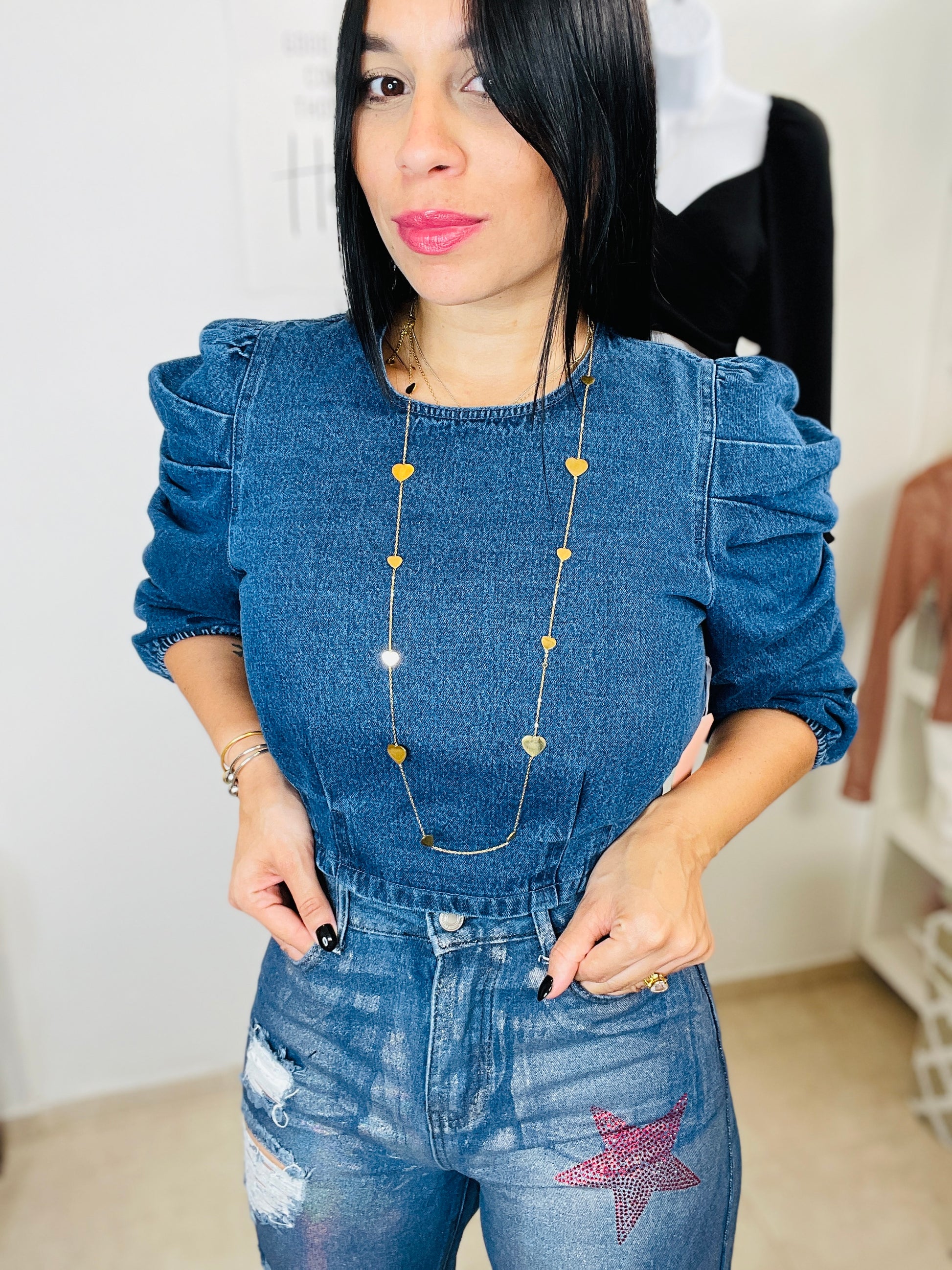 Denim puff Top